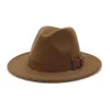 Hochwertige Männer Frauen Fedora Panama Wollfilz Hut mit brauner Gürtelschnalle große Krempe Jazz Trilby Cap Party Hochzeit Hut262x
