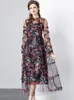 Basic Casual Dresses 2024 High Quality Luxury Runway Designer Fashion Women Ruffle Layered Dress New Spring Autumn Flower Print Long Black Party Dresses