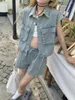 Women's Tracksuits Denim Sets Loose Light Blue Short Top With Lapel Single Breasted Pockets Sleeve Patchwork Drawstring Shorts Pleats