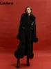 Women's Leather Faux Fur Lautaro Spring Autumn Long Black Shiny Patent Pu Coat Women with Trim Luxury Designer Clothing European Fashion 230923