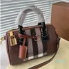 Mini canvas draagtas Geruite bowlingtas Olijfgroen Boston Kussentas Berkenbruine handtas Portemonnee met handvat Dames Crossbody schoudertassen Leren bagagelabel bakken