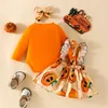 Conjuntos de ropa Halloween 02Y Baby Girls 3 piezas Trajes Mameluco de manga larga con falda de tirantes Conjunto de diadema Ropa nacida 230923