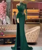 Evening Dresses Dark Green Prom Party Gown Formal Mermaid Long Sleeve Beaded New Custom Plus Size Zipper Lace Up Sequins Thigh-High Slits High Neck Chiffon