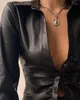 女性用ブラウスY2K衣類ファッション女性ブラウス2023秋のカジュアルソリッドポロ長袖PUレザーボタンダウンシャツストリートウェア