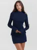 Abiti casual di base mozision blu scuro a due tasca sexy abito per donne 2023 autunno inverno nuovo abito da festa del bodycon a maniche lunghe eleganti J230925