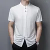 Men's Dress Shirts Summer Tang Suit Pullover Button Up Shirt Short Sleeve 2023 Casual Classic Male Luxury Collarless Solid Color