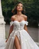 Elegant Plus Size Bohemian A Line Wedding Dresses for Bride Off Shoulder Sweetheart Lace Applique Short Sleeves Court Train Tulle High Side Split Bridal Gowns