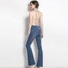 Женские брюки из двух предметов, летние женские сексуальные клубные комплекты из 2 комплектов, джинсовый бюстгальтер с бабочками на тонких бретельках, жилет, тонкий облегающий джинсовый костюм-карандаш