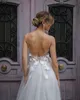 En dentelle Robes de mariée sans dos côté cotes nuptiales divisées 3D appliqués cuirs transparent un colocinement une ligne tulle sweep vestido de novia 407