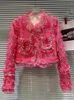 Jaquetas femininas 2023 outono rosa rosa lã casaco feminino brilhante pano de seda listra retalhos tweed high-end casacos curtos elegante senhora top