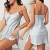 Vêtements de nuit pour femmes Satin Bretelles réglables Été Mini Robe de nuit Chemise Chemise de nuit avec kimono sexy Robe de chambre Lounge Wear