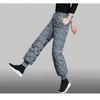 Calças femininas mulheres grossas para baixo feminino preto cintura alta quente inverno pena sweatpants coreano moda casual calças largas