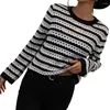 Women's Sweaters O-Neck Long Sleeve Hollow Out Sweater Top Multi Striped Print Knitted Crochet Female Clothing