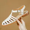 Sandals Danxuefei Women's Genuine Leather Narrow Band Braided T-strap Flats Round Toe Cage Summer Casual Gladiator Shoes