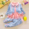 Clothing Sets 2023 Spring Fall Baby Girls 3 Pcs Set Infant Kids Lovely Lace Denim Jacket Embroidered T-Shirt Pants Children Clothes