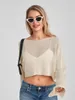 Women's T Shirts Women Knit Crop Tops See Through Long Sleeve Casual Blouse Solid Color Scoop Neck Cover-Ups Spring Fall Beachwear