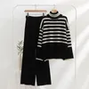 Women's Two Piece Pants 2023 Autumn Winter Turtleneck Striped Sweater Loose Long Sleeve Pullover Knit Solid Wide Leg Set Women