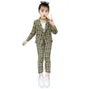 Kläder sätter koreansk version Vintage Greenpink Plaid Jacket Pants Suit Girls Simple Fashion Double Breasted Tops Trousers 2st Set 6-14Y