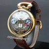 1822 Ottantasei Tourbillon Swiss Quartz Mens Watch 18K Yellow Gold Steel Case White Skeleton Dial Brown Leather Strap Watches Puretime Z01