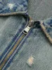 Kvinnorjackor Nya rippade dekorerade denimjackor för kvinnor LAPEL Front Zip-Up Coat Women's Long Sleeve Tops Streetwear Vintage Jacket Autumn J230925