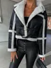 Kadın Ceketleri Kış Sıcak Pu Patchwork Ceket Tutun Kadınlar Günlük Moda Uzun Kollu Peluş Palto Ofis Bayanlar Zarif Colthing Siyah