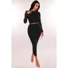 Fatos de treino femininos 2 peças roupas vestido casual outono manga longa colheita camisola topos malha com nervuras maxi bodycon conjunto saia