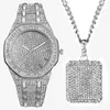 Montres-bracelets Iced Out Watch Collier pour hommes 2pcs Luxe Diamant Bling Mode Hip Hop Bijoux Ensemble Mens Gold Montres Date Relogio