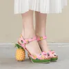 Zapatillas Sandalias de cuero genuino Sandalias de mujer Moda Piña Zapatos de tacón alto Plataforma Impresión de seda Verano Tamaño grande Lady 230925