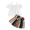 Ensembles de vêtements OPPERIAYA Summer Baby Girls T-shirt et shorts Ensemble décontracté Sweet Solid Couleur Col Bateau Tops Rayé Bandage Pantalon court