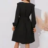 Casual Dresses Women Fall Long Sleeve V Neck Dress Solid Color Mini Swing Split Party Wedding With Belt