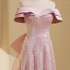 Robes de soirée robe de soirée rose manches courtes plissé longueur au sol paillettes à lacets a-ligne Tulle col bateau formelle femme B2785