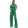 Women's Two Piece Pants Women Solid Set Leisure Short Sleeve Strand Collar Fold Tie Top Loose High Waist Straight Leg Trousers Ladies Suit