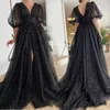 Party Dresses Sexy Beaded Long Formal Evening Gowns For Graduation Women Puff Half Sleeves V-Neck Sweep Train Pleated Tulle Prom Dress