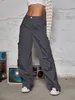 Women's Pants s Y2K 2023 Hip Hop American Style Going Out Flap Pocket Ruched Solid Wide Leg Straight Cargo Streetwear 230925