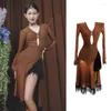 Scene Wear Brown Latin Dance Dress Sexig V-ringning Långärmad Tassel Tävling Kostym Chacha Tango Dancing Performance Clothes VDB7366