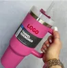 Mit LOGO Rose Hot Pink 40-Unzen-Becher Becher mit Griff Isolierter Becher Mattierte weiße Deckel Stroh Edelstahl-Kaffee-Thermobecher bereit zum Versand per DHL GG1016