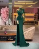 Evening Dresses Dark Green Prom Party Gown Formal Mermaid Long Sleeve Beaded New Custom Plus Size Zipper Lace Up Sequins Thigh-High Slits High Neck Chiffon