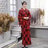 Roupas étnicas Japão Tradicional Kimono Formal Wear Robe Roupão Vermelho Long Table Performance Stage