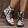 Laarzen Halloween -stijl Ankle Boots For Women Pu Leather Print Short Boots Woman Herfst Low Heel Lace Up Shoes Botas Mujer 230925