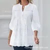 Damesblouses zomerkleding voor vrouwen all-match witte v-neck holle out pullover negen punten mouw blouse kant slanke elegant shirt tuniek