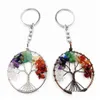 Porte-clés Porte-clés en pierre de cristal naturel Chaîne 7 Chakra Rond Arbre de vie Pendentif Porte-clés à la main Porte-anneau pour femmes Sac de voiture Drop Dh6Ul