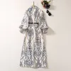 Robe mi-longue blanche à imprimé Floral, avec ceinture à la taille, manches longues, col à revers, robes décontractées, automne 2023, A3S150814-05