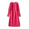 2023 Autumn Rose Red Solid Color Dress Long Sleeve Round Neck RhinestoneMidi Casual Dresses A3S15