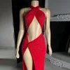 Sexy Rode Zeemeermin Galajurk Voor Vrouwen Hot Strass Halter Hals Hoge Split Feestavondjurk Vestidos De Gala