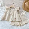 Clothing Sets Embroidery Floral Shorts Set For Girls Flying SLeeve Loose Tops Shirts Ruched Pants Two Pieces Kids Summer Soft Suit