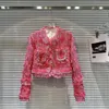 Jaquetas femininas 2023 outono rosa rosa lã casaco feminino brilhante pano de seda listra retalhos tweed high-end casacos curtos elegante senhora top