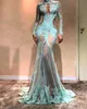 Pescoço de renda cheia pérolas sereia vestidos de noite dubai veja através de ilusão alta dividida formal baile cortar vestidos de celebridades