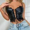 Damen Tanks Sexy Bandage Lace-Up Punk Schwarz PU Leder Crop Top Korsett Damen Rückenlose Spitze Camisole 90er Jahre Y2K Streetwear Nachtclub Wear