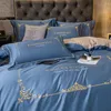 Bedding Sets 2023 Long-staple Cotton Stitching Embroidery Plain Color Four-piece Bed Linen Light Luxury Style Dark Blue