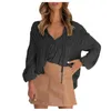 Blouses Femmes Femmes Blouse Solide Volants Lâche Col En V À Manches Longues Lanterne À Lacets Chemise Plissée Automne Plus Taille Élégant Bureau Haut